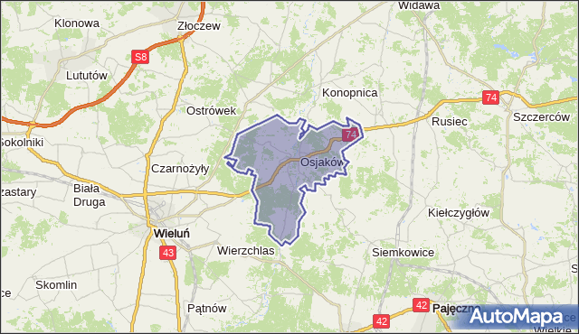 Mapa Polski Targeo, gmina Osjaków - powiat wieluński na mapie Targeo
