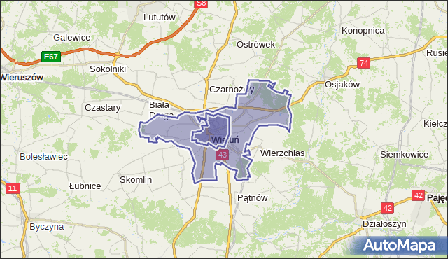 Mapa Polski Targeo, gmina Wieluń - powiat wieluński na mapie Targeo