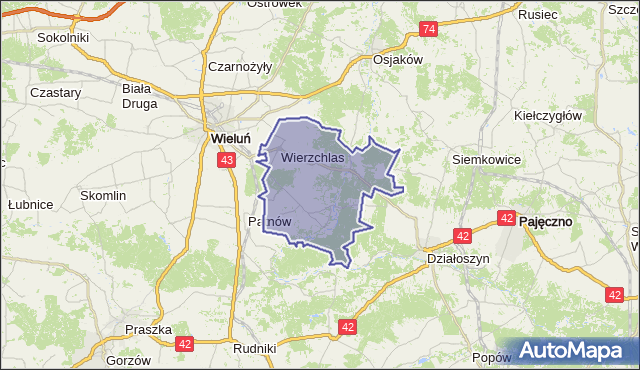 Mapa Polski Targeo, gmina Wierzchlas - powiat wieluński na mapie Targeo
